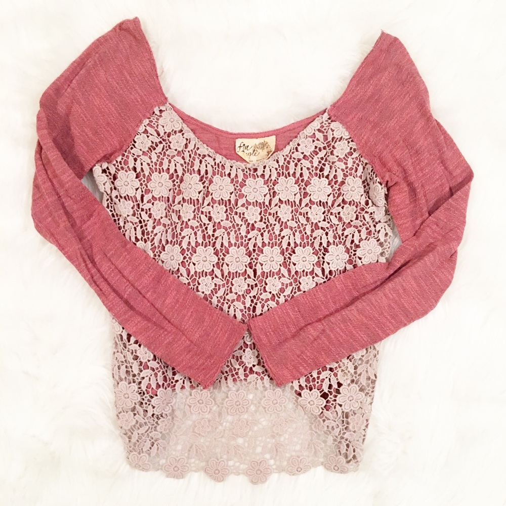 Free People pink crochet long sleeve top medium